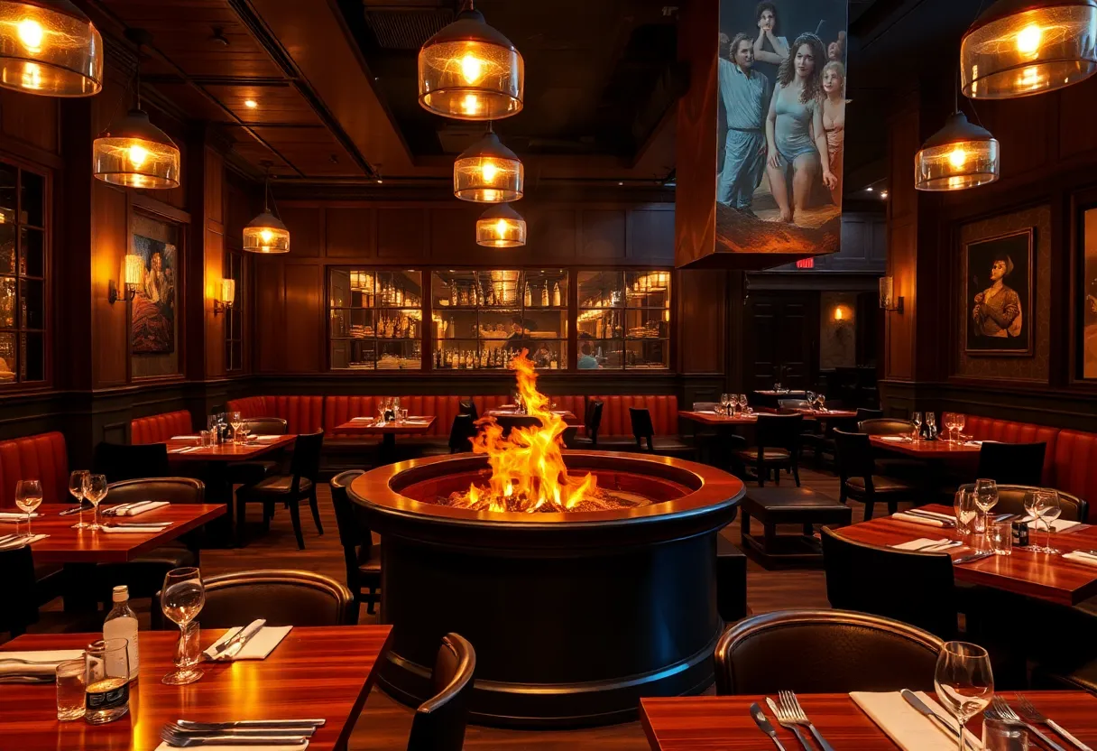 The elegant interior of Ember steakhouse with wooden decor and a warm ambiance.