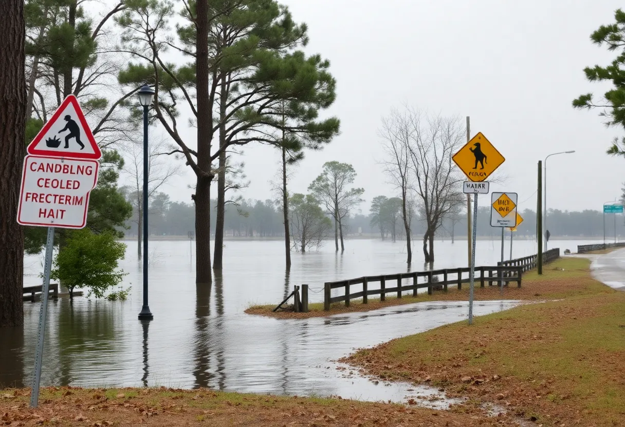 Flooded roads in South Carolina with warning signs