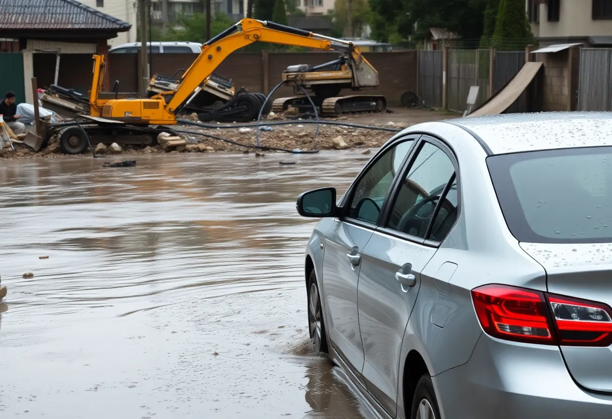 Image of a flood-damaged car wash site during demolition