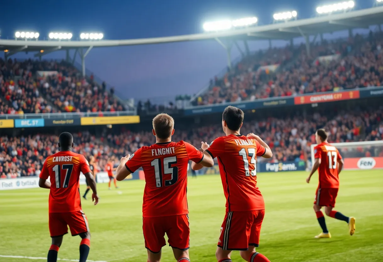 Fort Wayne FC players celebrating a goal during a match against Lexington SC