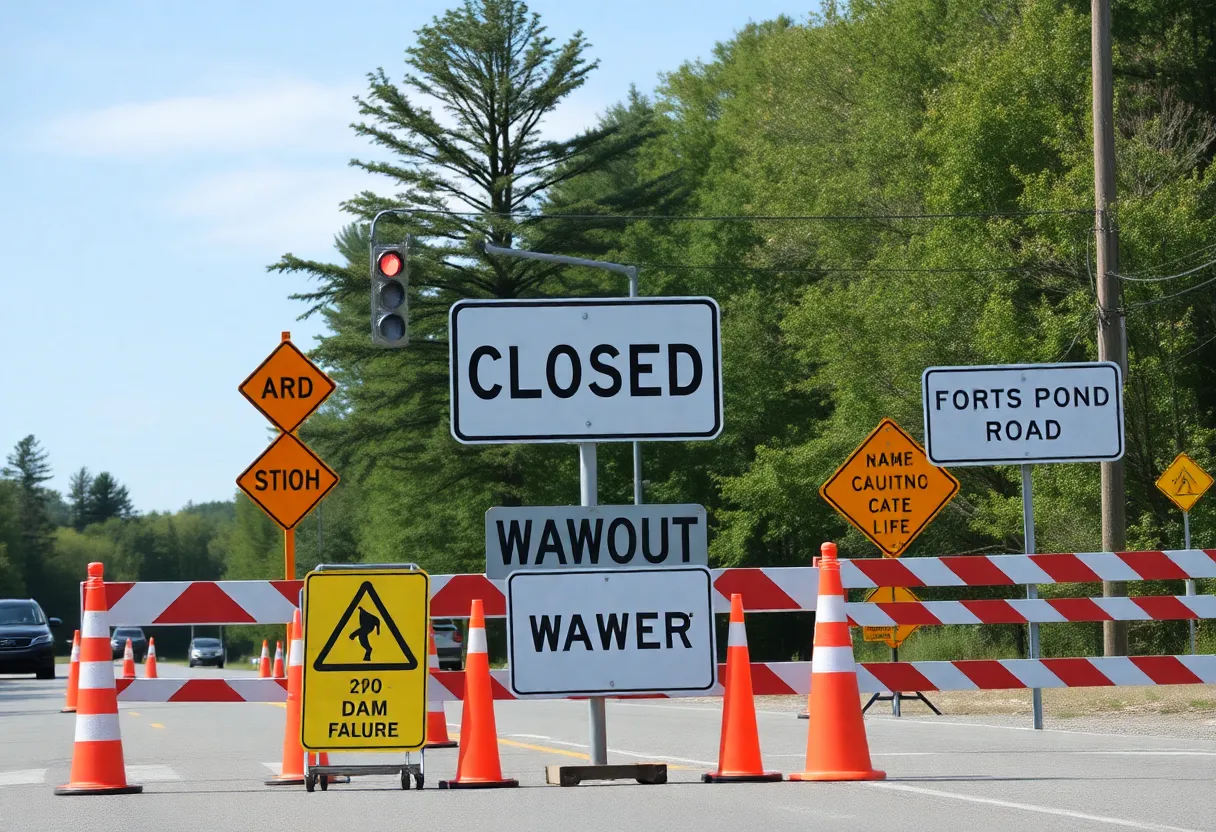 Warning sign indicating the closure of Forts Pond Road due to a washout