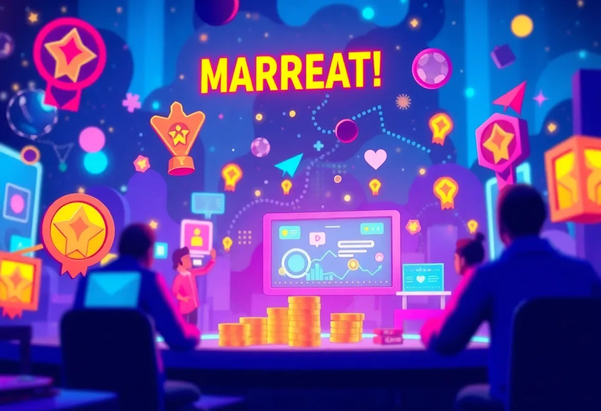 Gamification elements in digital marketing showing rewards and competition.