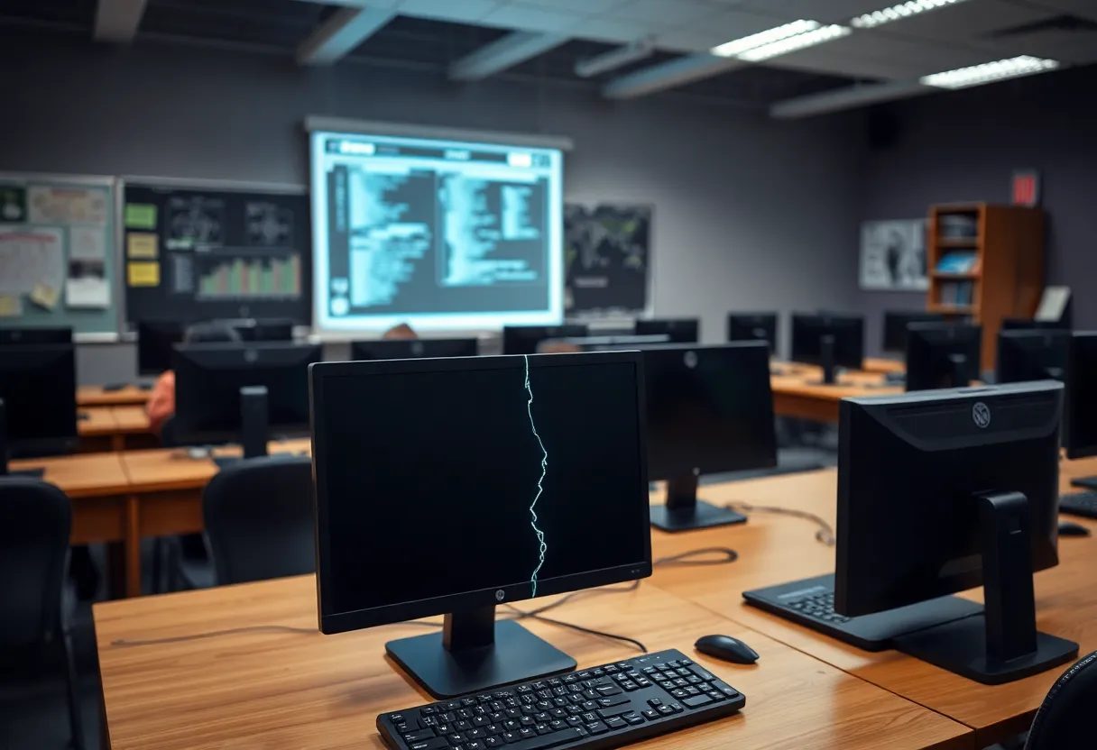 Classroom with computers affected by internet outage