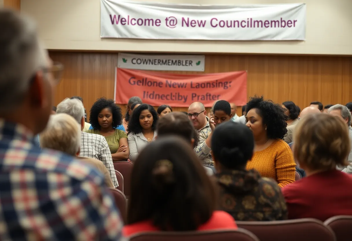 Residents at a town hall meeting welcoming the new councilmember.