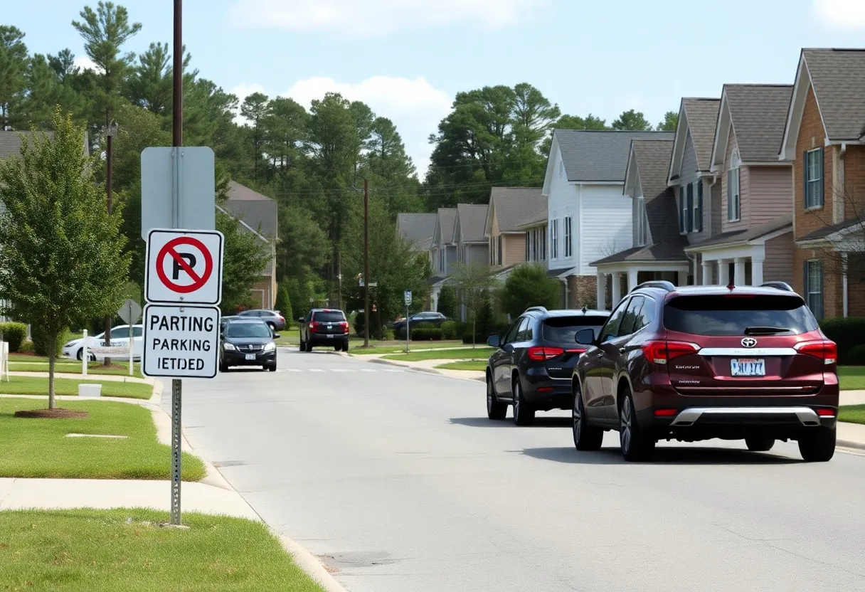 Suburban street in Irmo showing parking regulations in effect