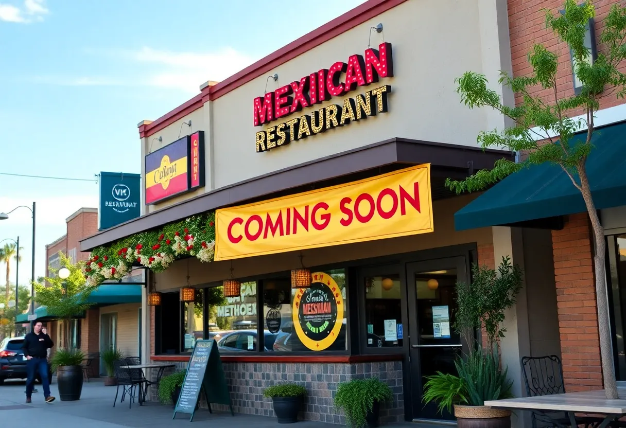 New La Fogata restaurant exterior with a banner at Lake Murray