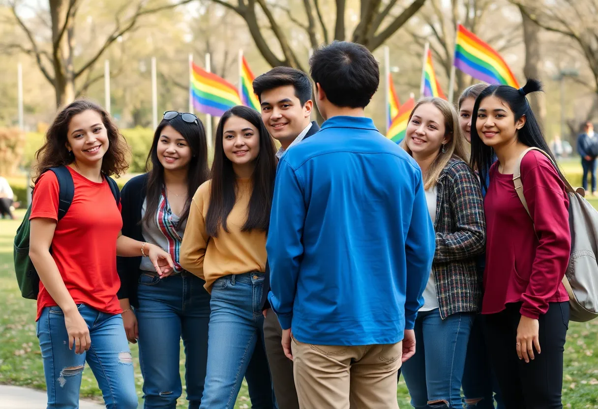 A diverse group of supportive youth with rainbow flags.