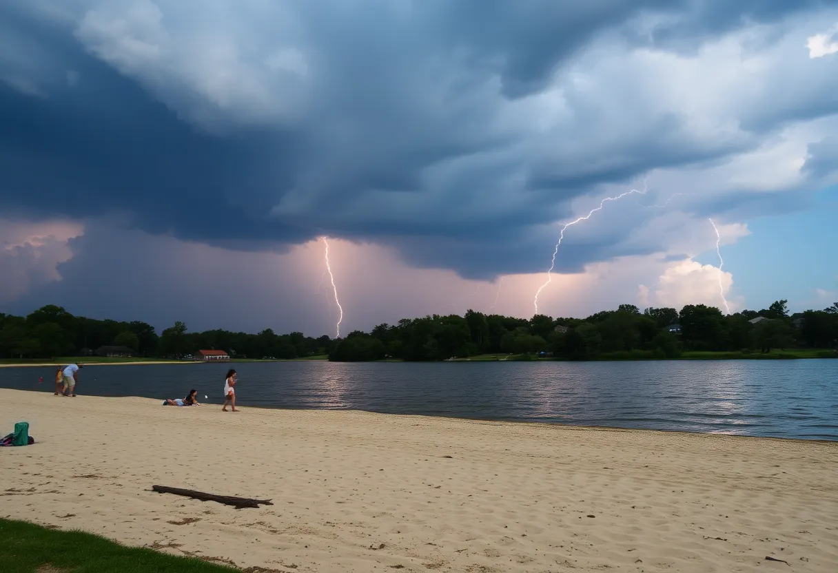 Beachgoers at Lake Murray Public Park before the lightning strike