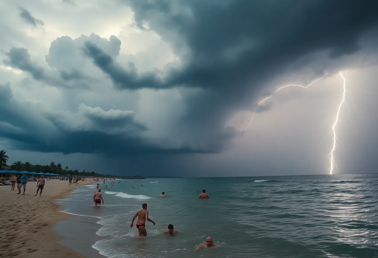 Beach park scene showing lightning striking the water with swimmers nearby.