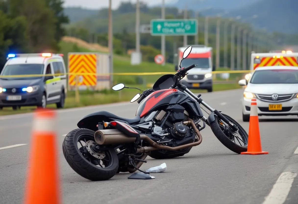 Emergency responders at the scene of a motorcycle accident on a highway