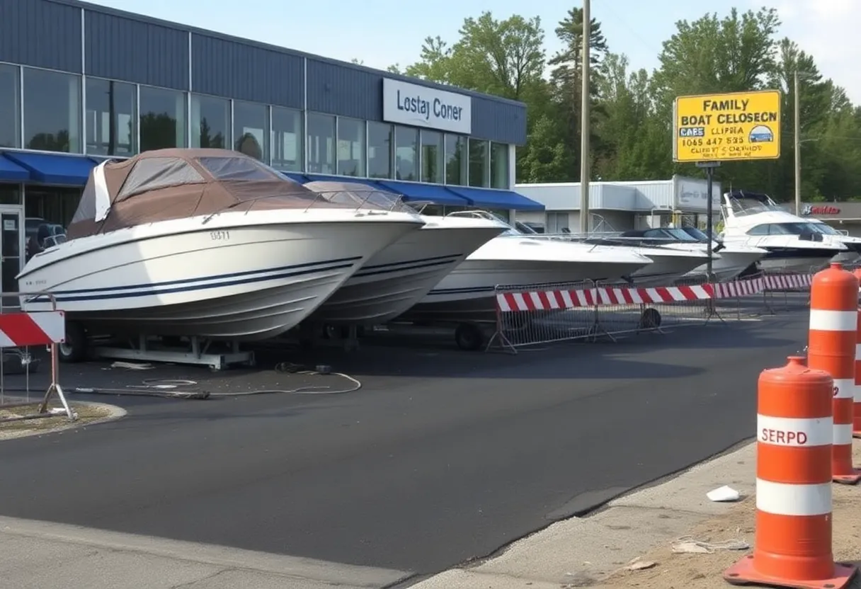 Damage to boats at Mountain Top Marine dealership due to road construction.