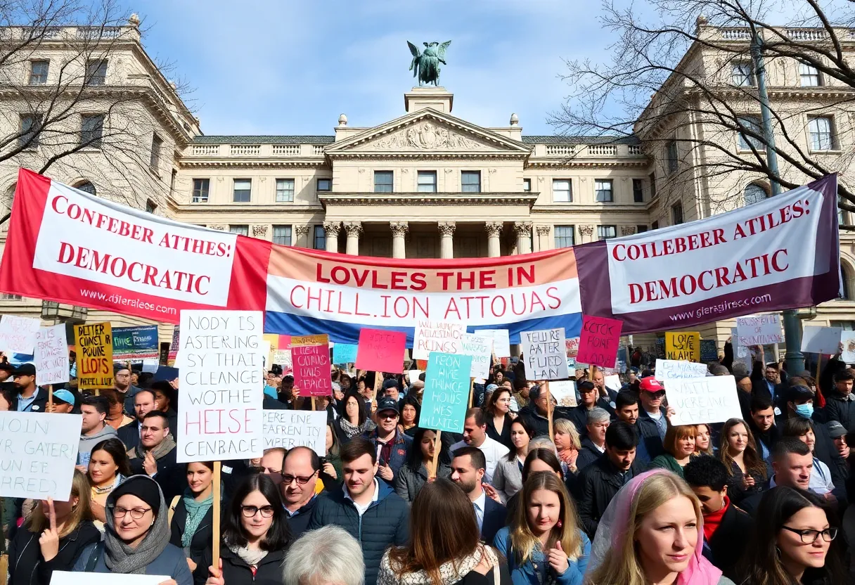 Crowd of diverse protestors in front of a government building during the No Kings National Day of Action