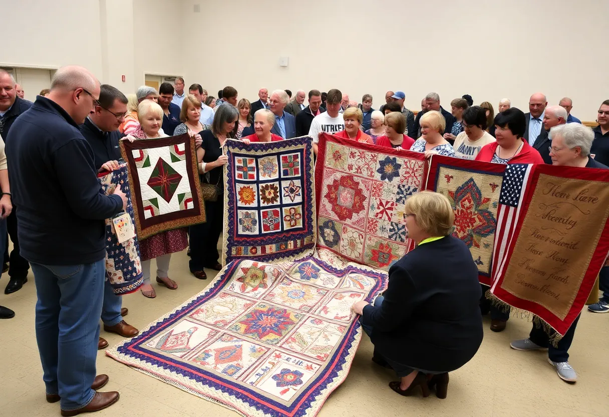 Community members presenting quilts to veterans.