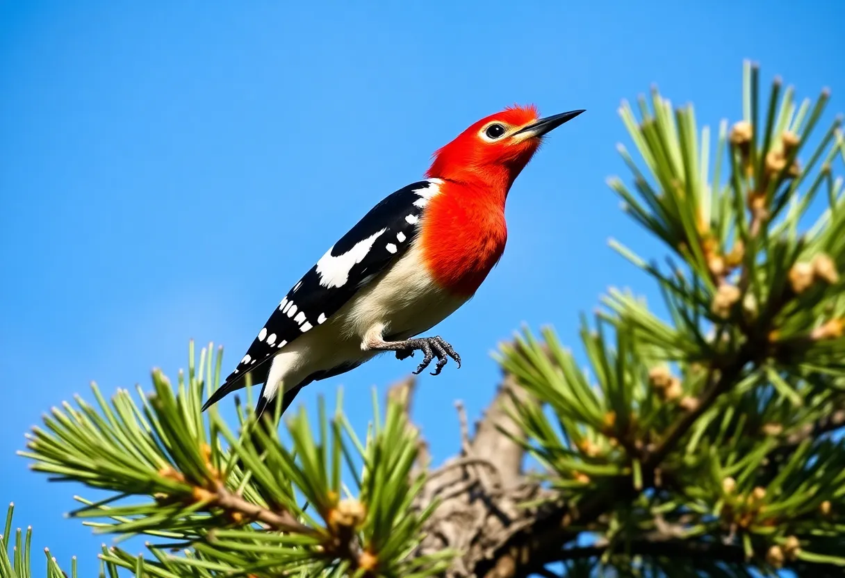 Red cockaded woodpecker sitting on a longleaf pine tree