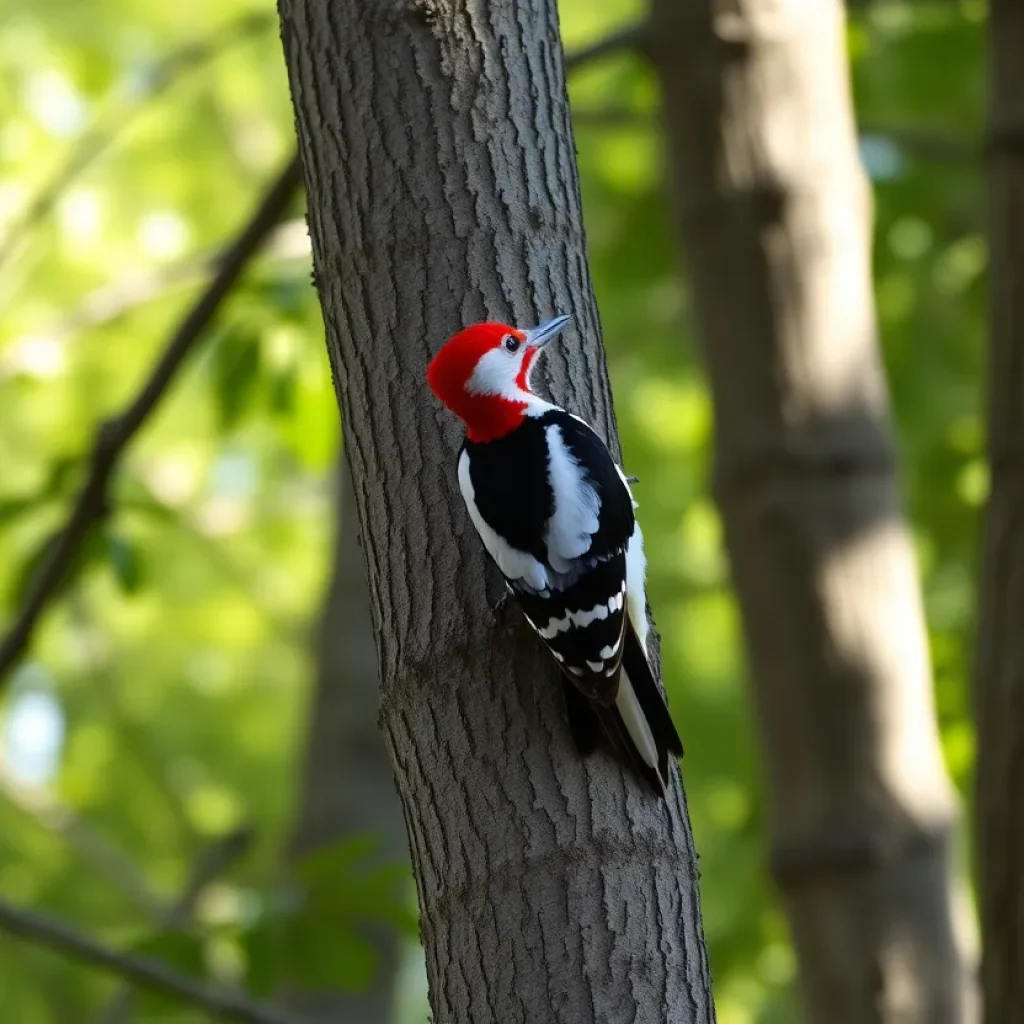 A red-cockaded woodpecker on a longleaf pine tree.