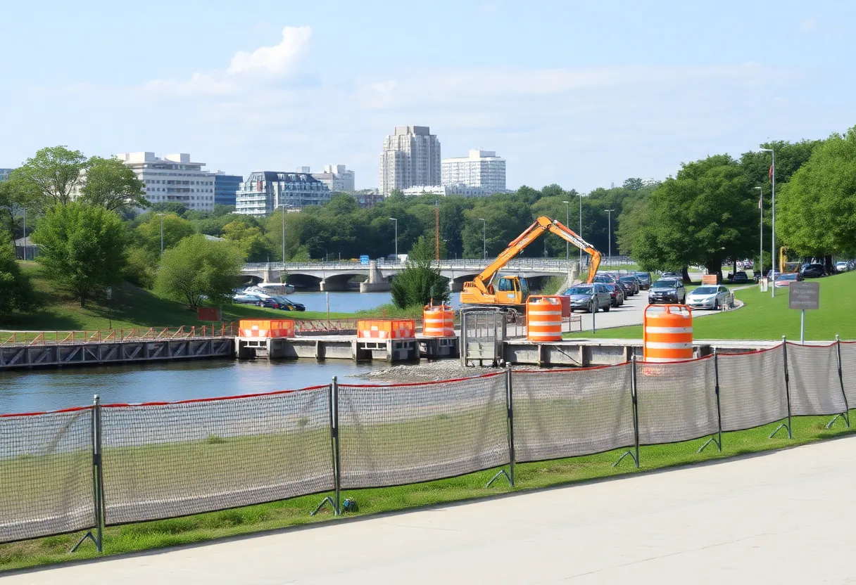 Construction at Riverfront Park with barriers and equipment.