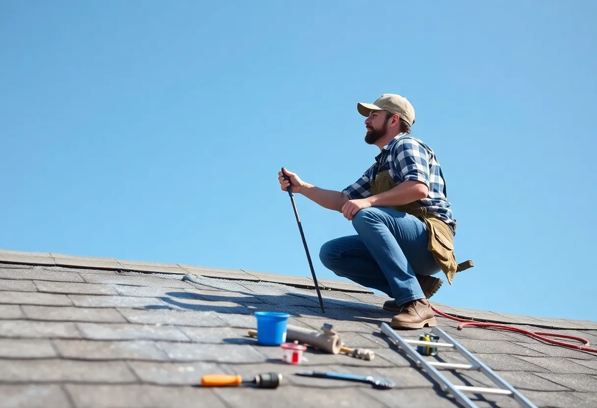 Homeowner applying roof coating on a sloped roof