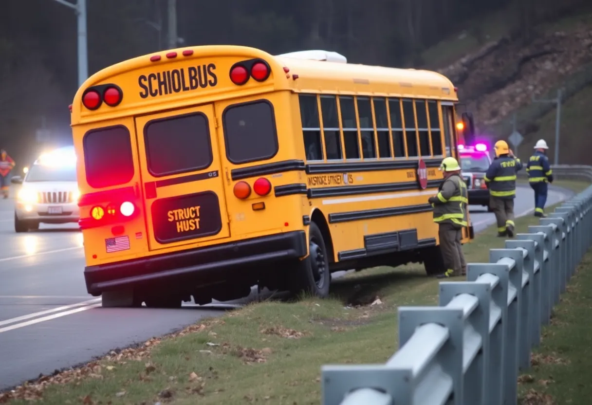 Scene of a school bus crash with emergency responders