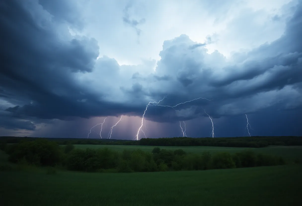 Dark storm clouds and lightning over Kentucky landscape
