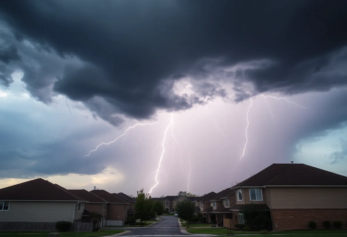 Thunderstorm with lightning over a residential area