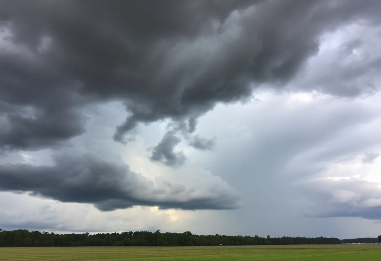 Dark storm clouds over South Carolina landscape signifying severe thunderstorm.