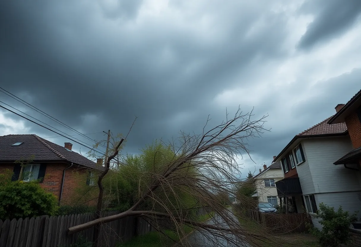 Fallen trees and stormy skies in Columbia due to severe weather.