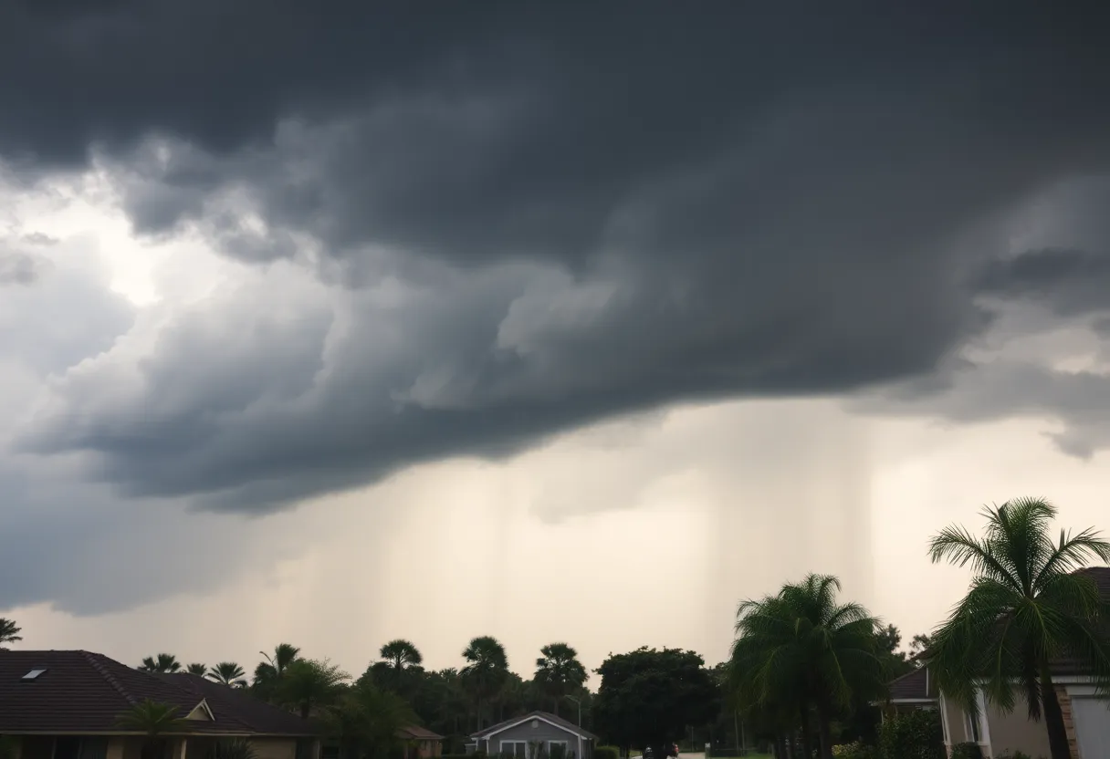 Stormy weather in the Midlands region with dark clouds and heavy rainfall.