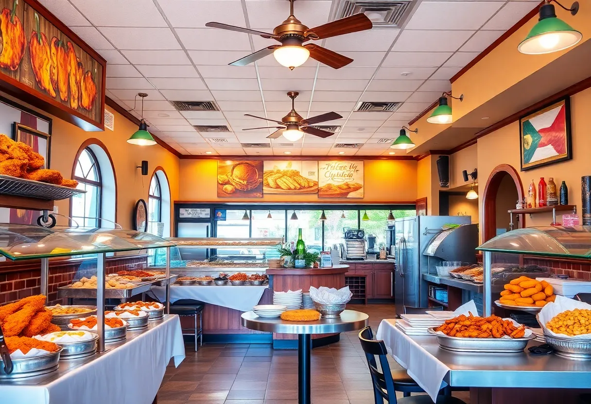 Interior view of a Southern buffet restaurant with a variety of food options.