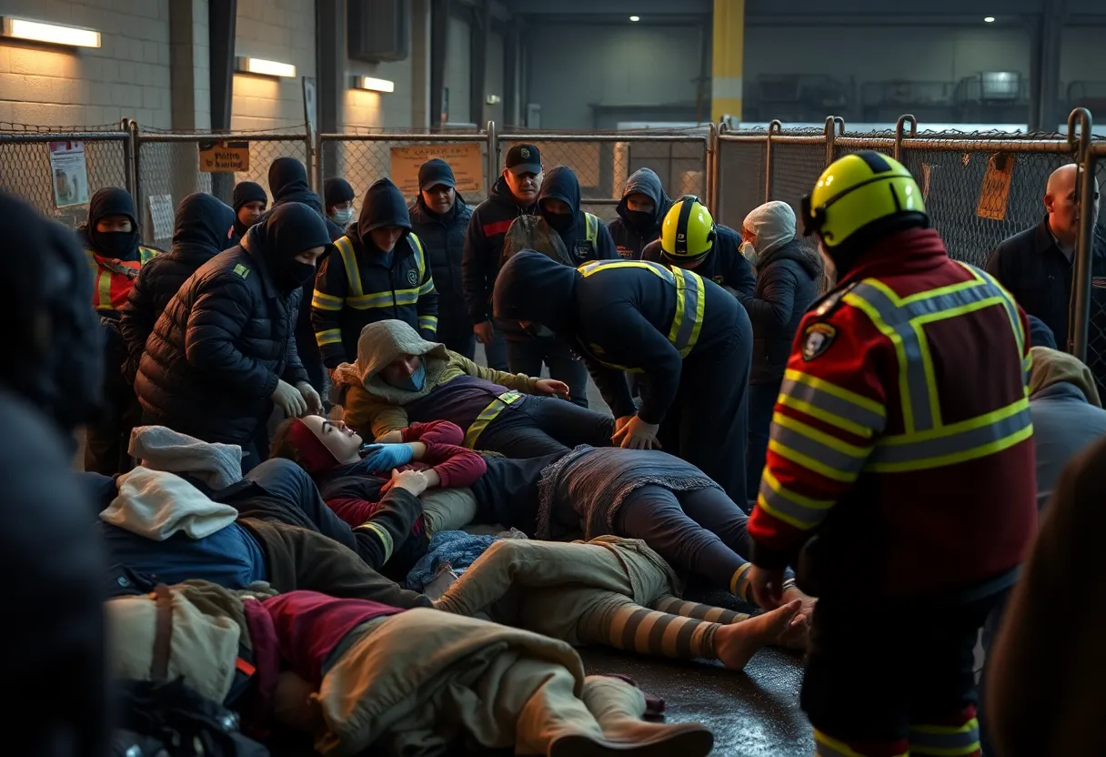 Emergency responders at a homeless shelter after a stabbing incident