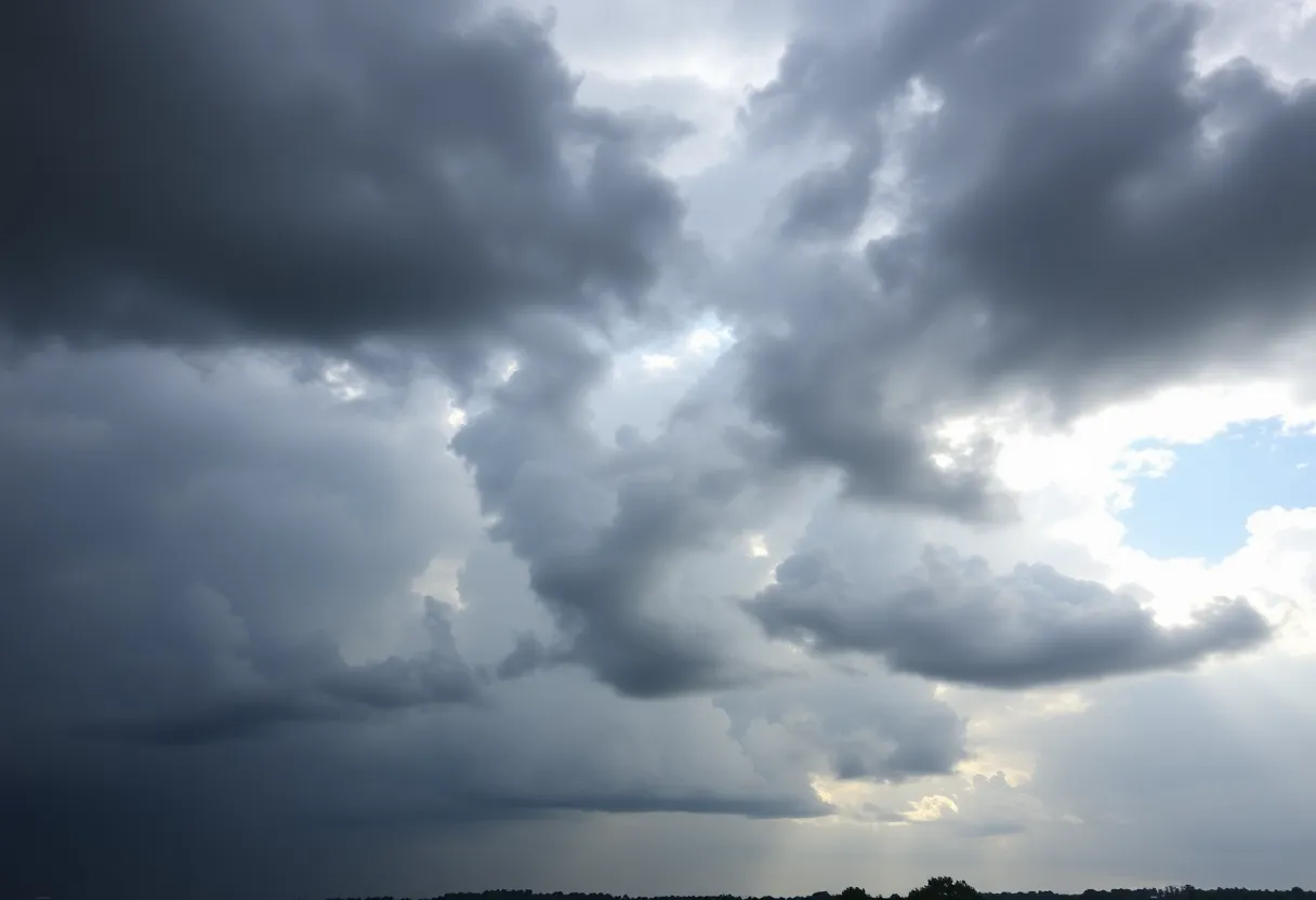 Dark clouds forming above Columbia, South Carolina, indicating thunderstorms.