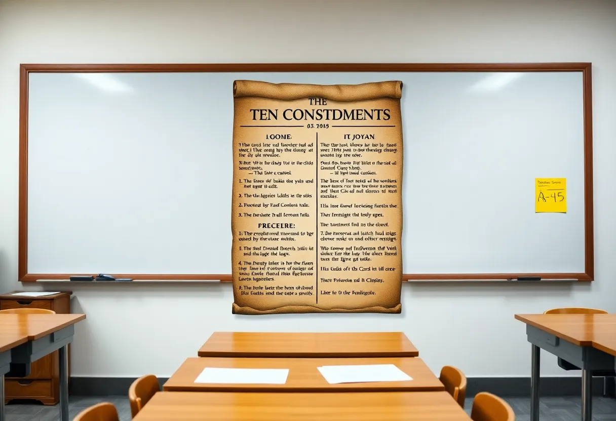 A framed poster of the Ten Commandments on a classroom wall