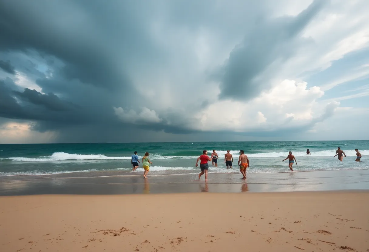 An approaching storm at a beach with people leaving the water.