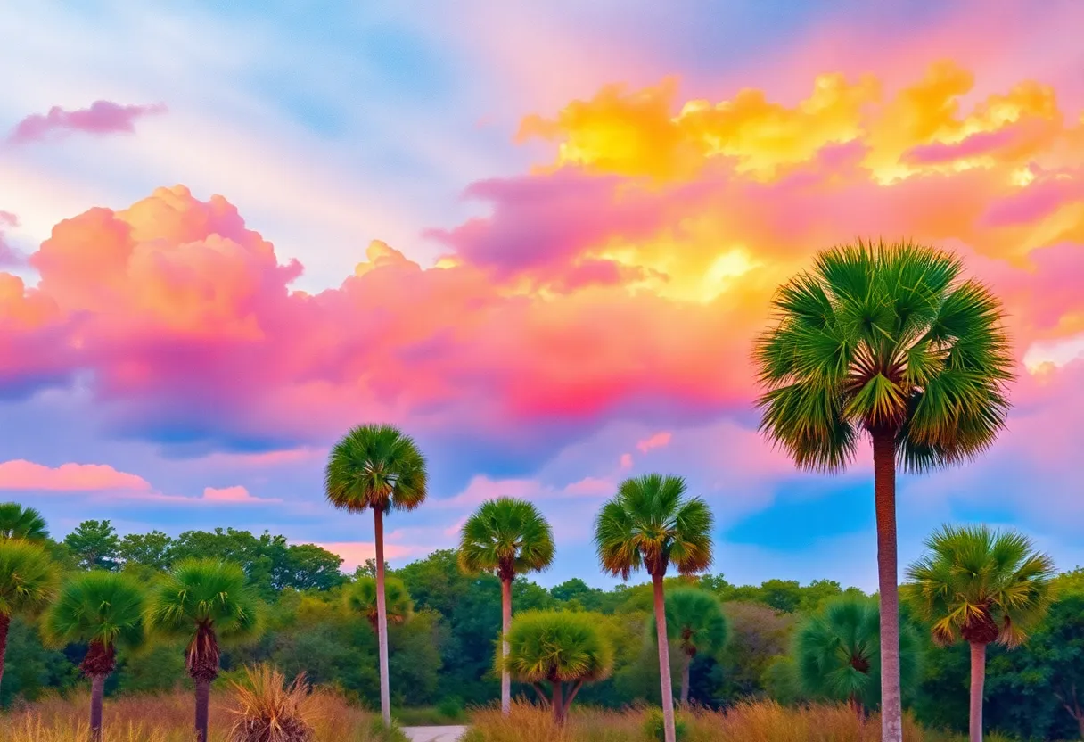 Art piece titled Under the Palmetto Sky representing South Carolina's landscape.