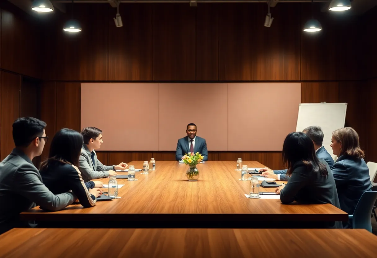 Illustration of a university board meeting discussion