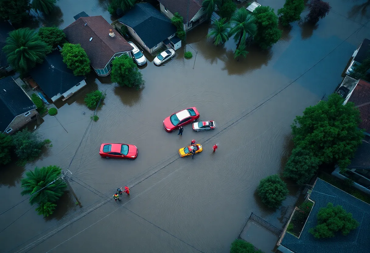 Flooded streets in Wheeling with emergency rescue teams