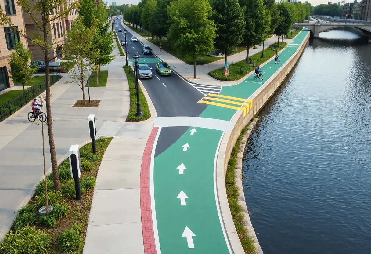 Rendering of the Williams Street Extension with bike lanes and sidewalks.