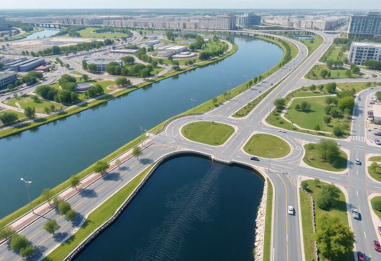 Rendering of the Williams Street extension with a new roadway and park.