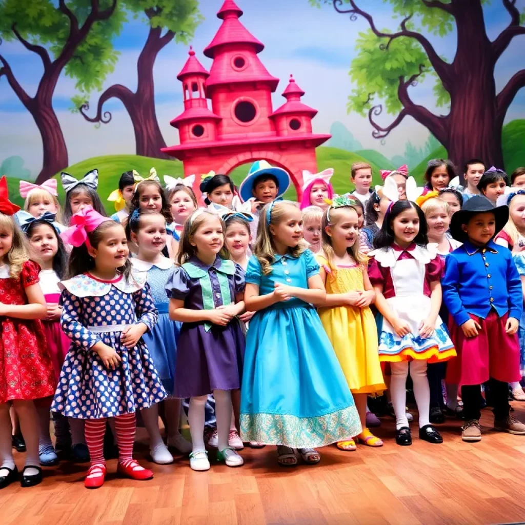 Children performing in a theater adaptation of Alice in Wonderland