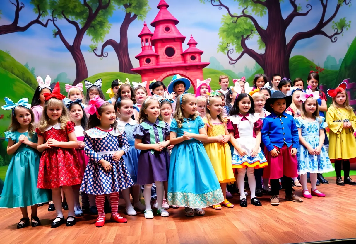 Children performing in a theater adaptation of Alice in Wonderland