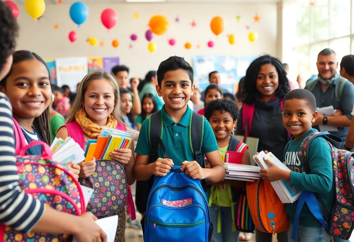 Families receiving school supplies at the Back to School Bash