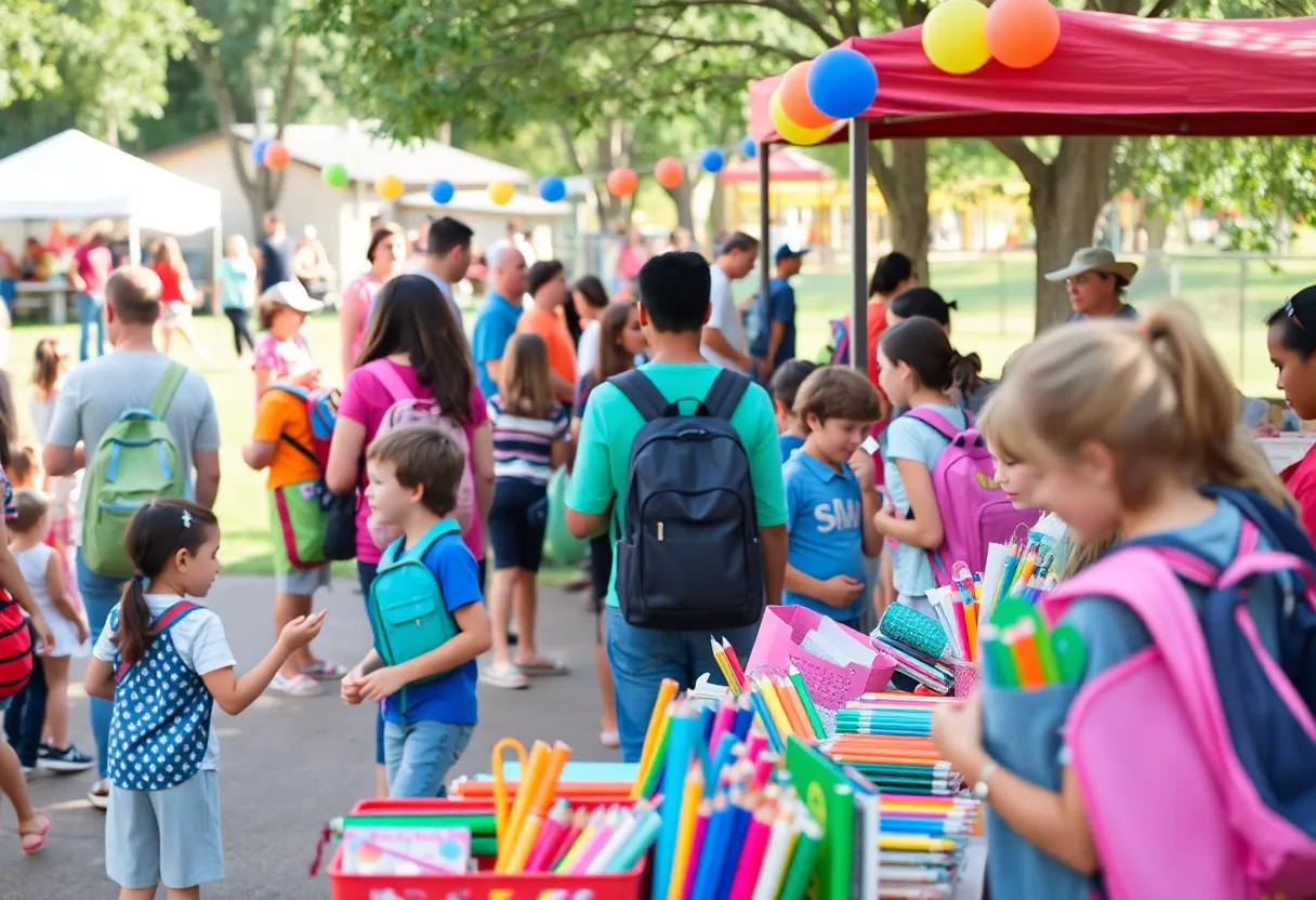 Families participating in a back-to-school event with children enjoying activities.