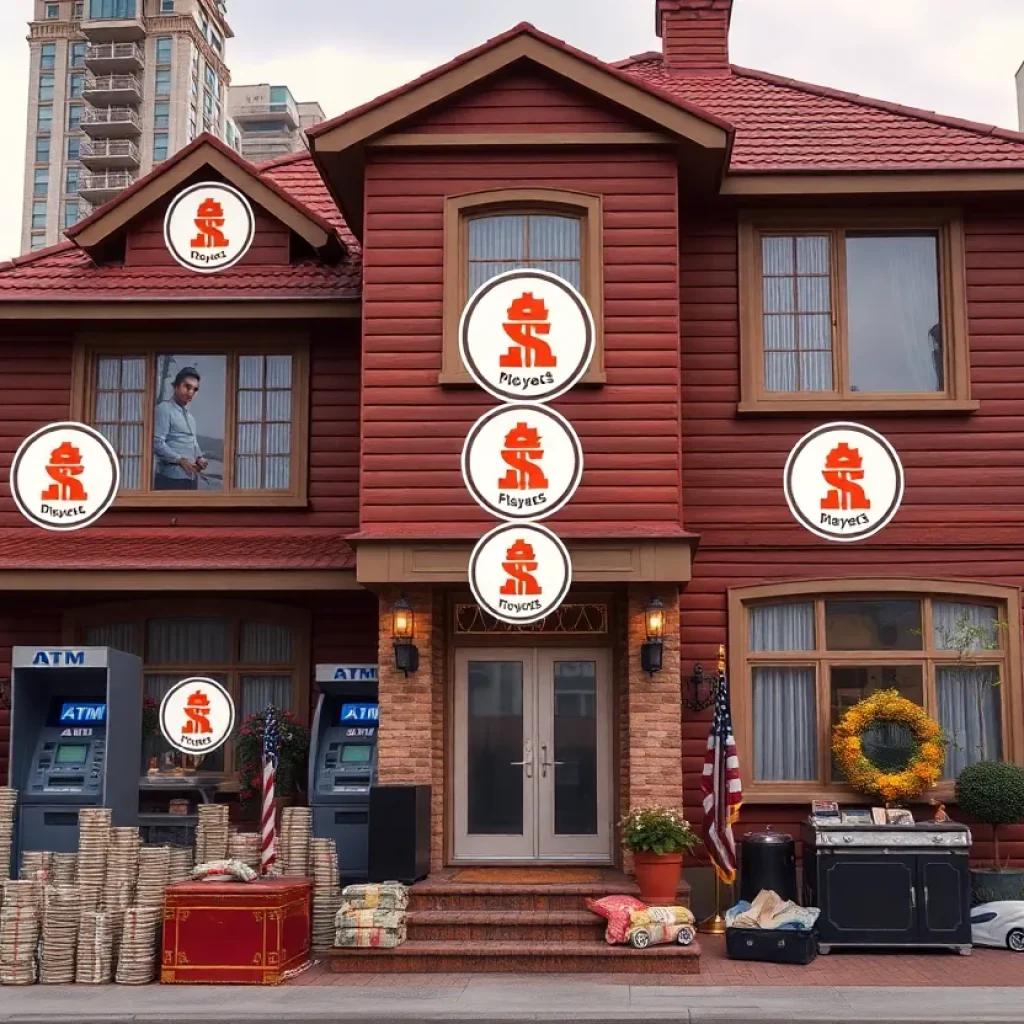 Illustration of a house themed around a fictional bank fraud scheme with cash and ATM elements.
