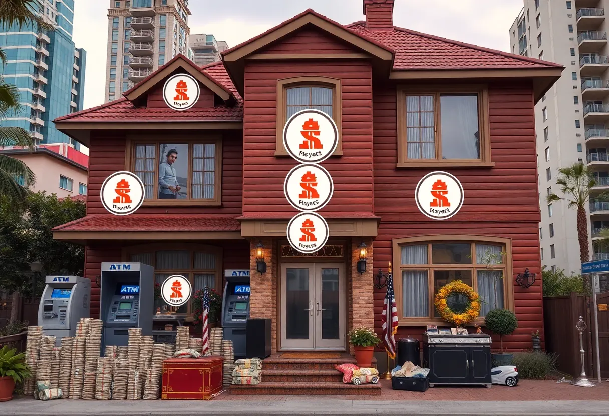 Illustration of a house themed around a fictional bank fraud scheme with cash and ATM elements.