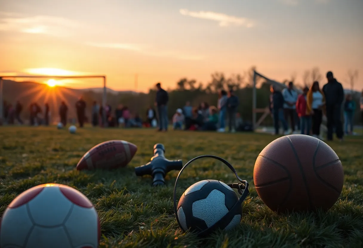 Community members gathering in remembrance, with sports equipment beside a sunset.