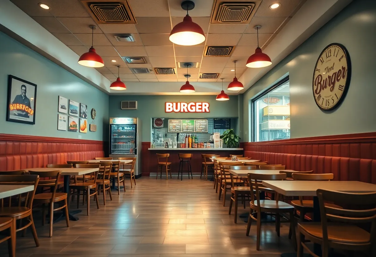 Interior of Chubby's Burgers restaurant with empty tables.