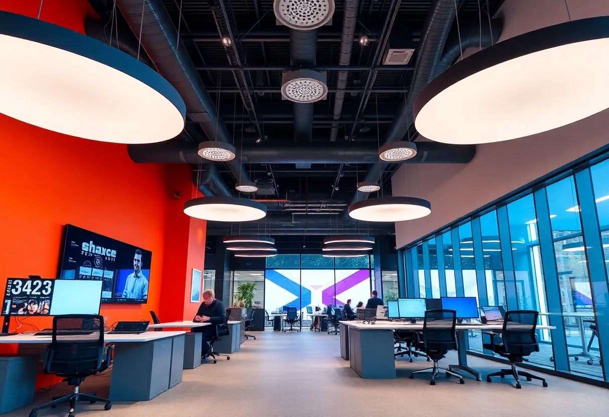 Interior view of Cisco's new office in Birmingham's Knowledge Quarter highlighting modern workspace design.