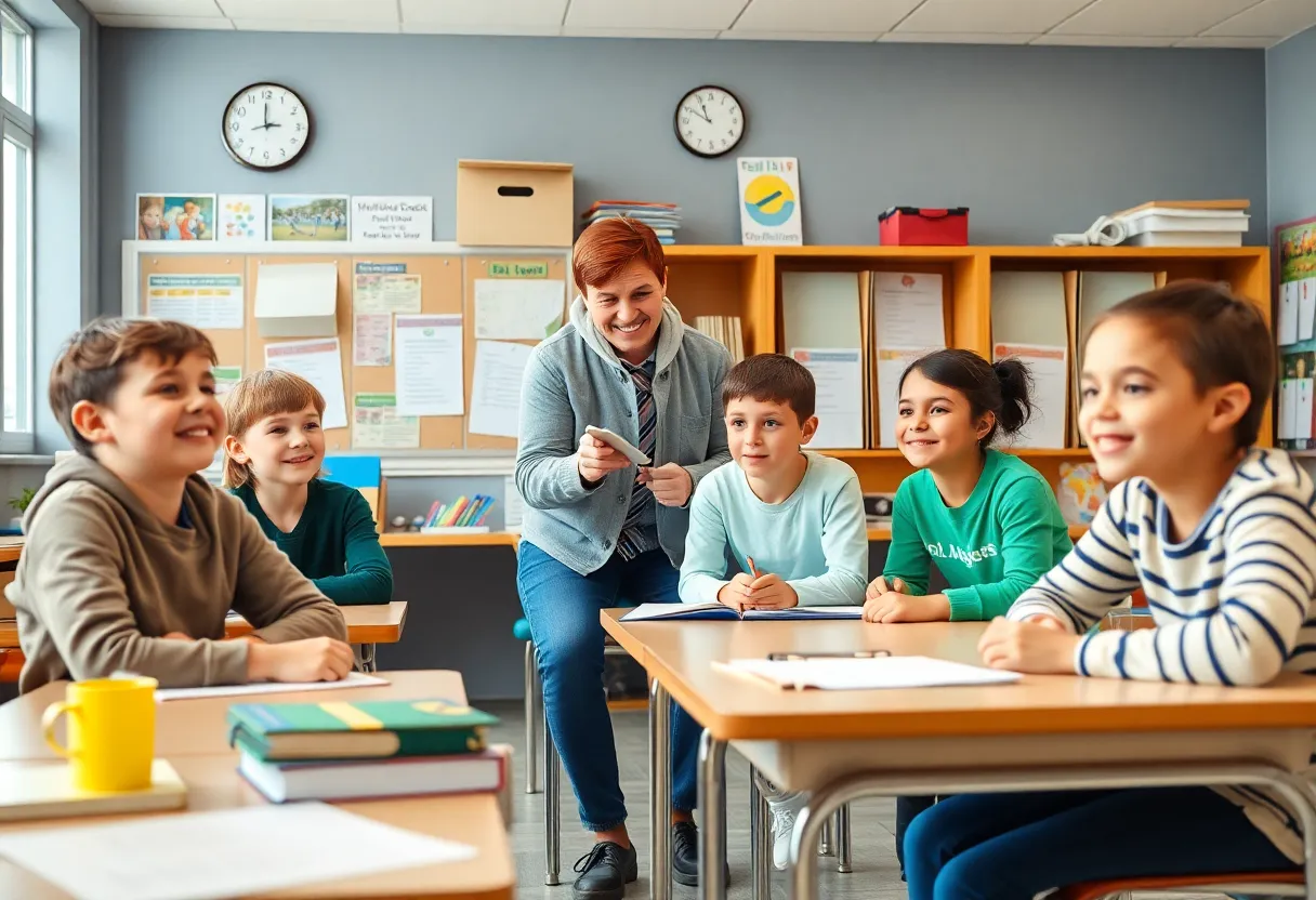 A teacher interacting with students in a vibrant classroom setting.