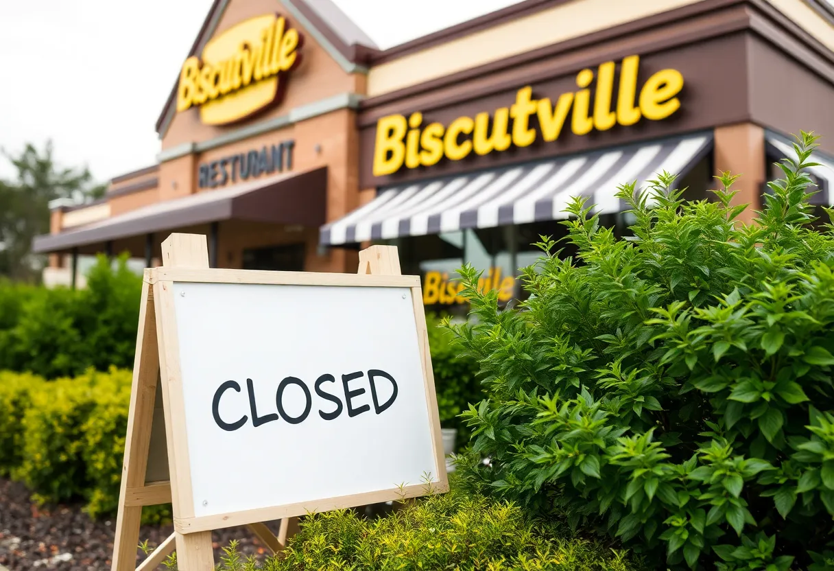 Exterior of a closed Biscuitville restaurant with a sign indicating closure.