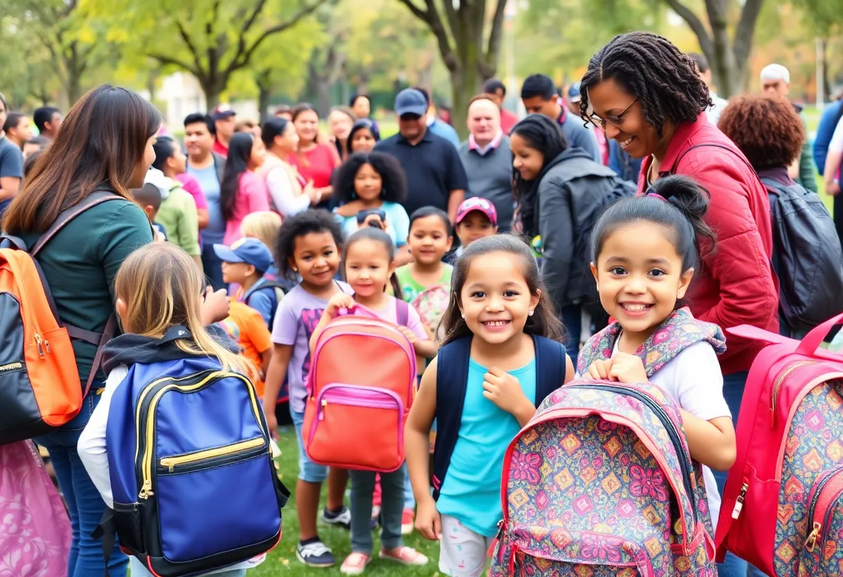 Families at Columbia's back-to-school backpack giveaway event with colorful backpacks.