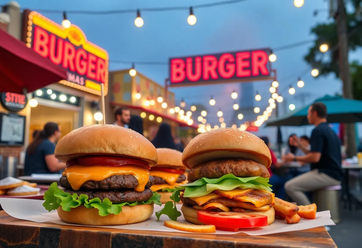 A scene depicting the diverse burger culture in Columbia, showcasing restaurants and outdoor cookouts.